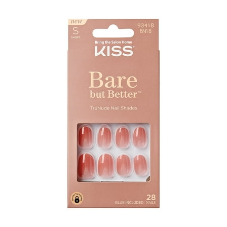 KISS Bare But Better, Press On Nails, No More Naps, Orange, Short Oval, 28 Count