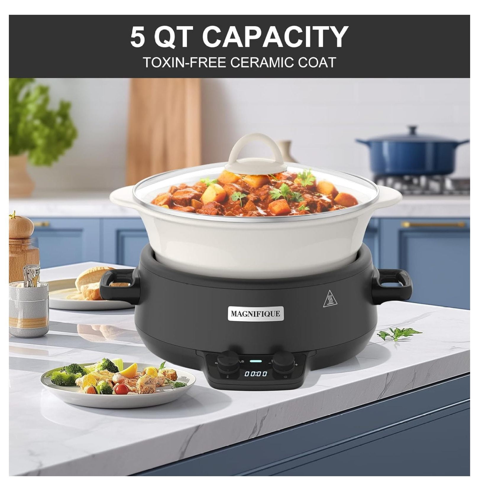 MAGNIFIQUE 5 Quart Programmable Slow Cooker with Auto Warm Setting, Glazed Ceramic Liner, Kitchen Small Appliance for Family Dinners, Black