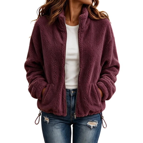 Enjoytime Fleece Jacket Women Lapel Long Sleeve Full Zip Up Short Coat Casual Warm Cozy Fall Winter Outwear with Pockets