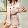 thumbnail image 4 of Amvlyk Silk Satin Pajama Set for Women Plus Size 2 Piece Lounge Pjs Round Neck 3/4 Sleeve Tops Soft Elastic Shorts Casual Sleepwear Button Down Two Piece Lounge Sets for Homewear Travel Outfits, 4 of 6