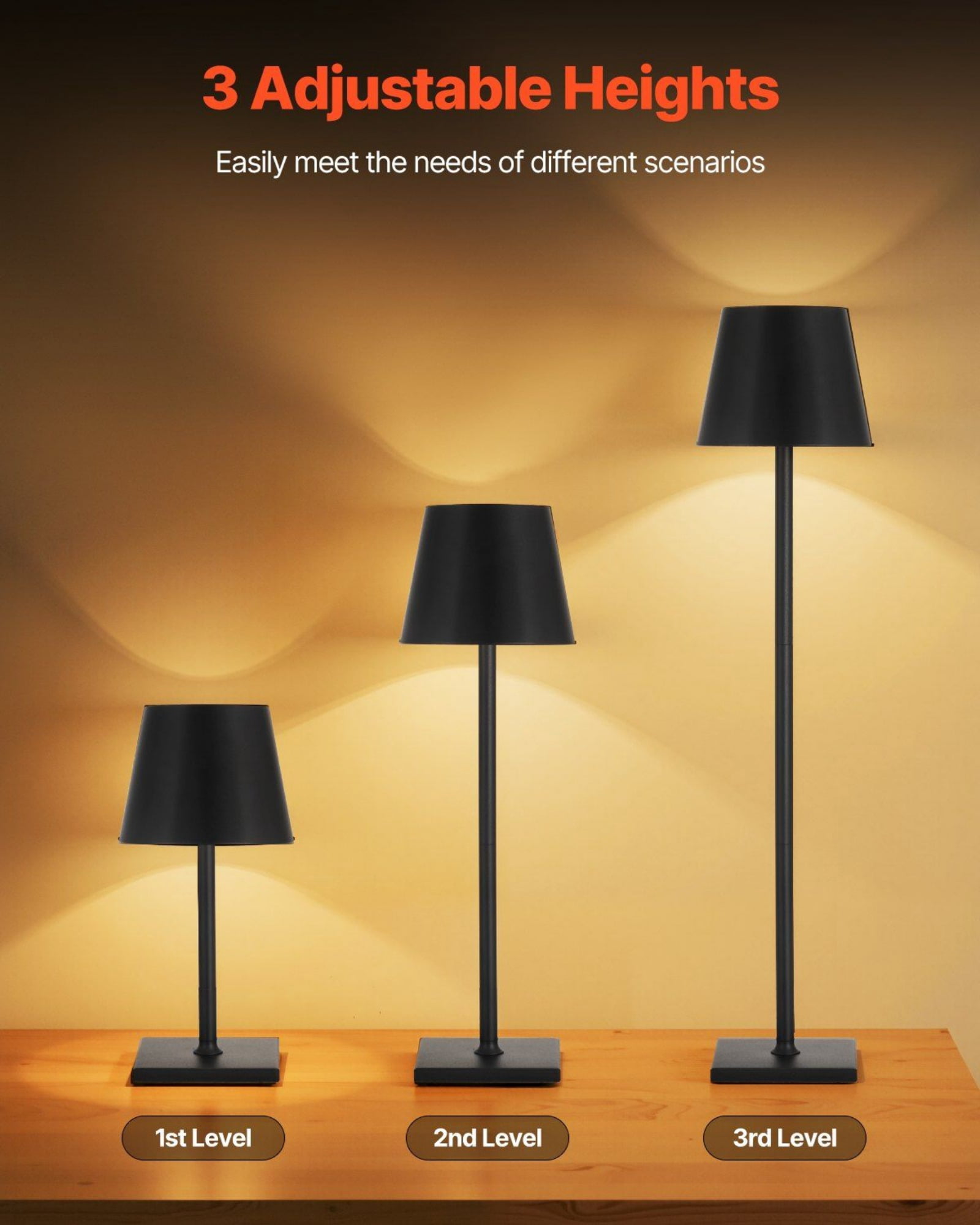 2-Pack Cordless Table Lamps - Rechargeable Battery Desk Lamps with Adjustable Height, 3 Lighting Modes - Portable Nightstand Lamps for Bedroom, Office, Dorm - 20H Runtime, USB-C Charging (Black)