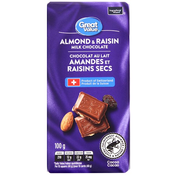 Chocolat au lait aux amandes et raisins secs de Great Value