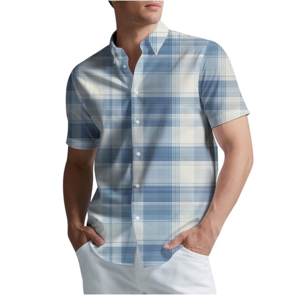 Hinvhai Mens Short Sleeve Button Down Shirts Cotton Plaid Regular Fit Men's Casual Button-Down Shirts with Pocket Light Blue XL(XL)