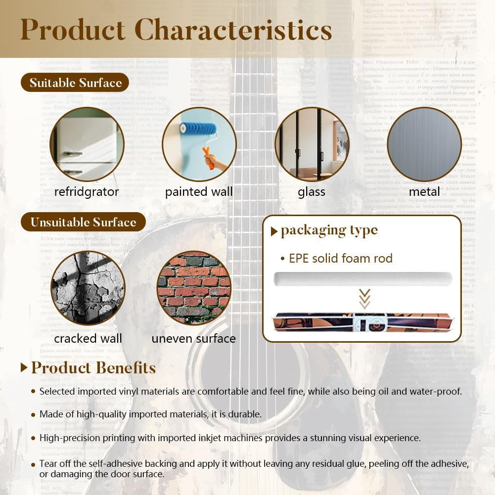 2 Sheet Musical Instrument Removable Refrigerator Wraps Self-Adhesive Fridge Stickers Peel and Stick Vinyl Fridge Decals Sticker