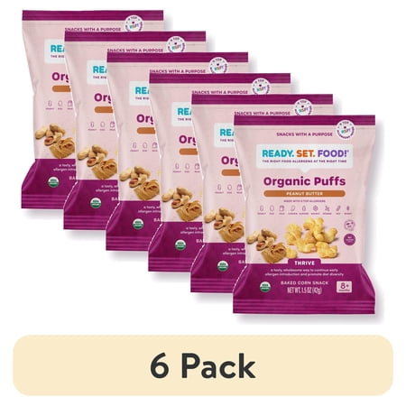 (6 pack) Ready, Set, Food! Organic Peanut Butter Baby Puffs with 9 Top Allergens, Baby & Toddler Food