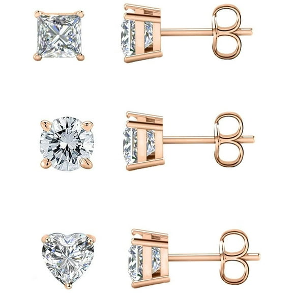 Savlano 3 Pair 6mm 14K Gold Plated Cubic Zirconia Princess, Round & Heart Cut Stud Earrings For Women & Men