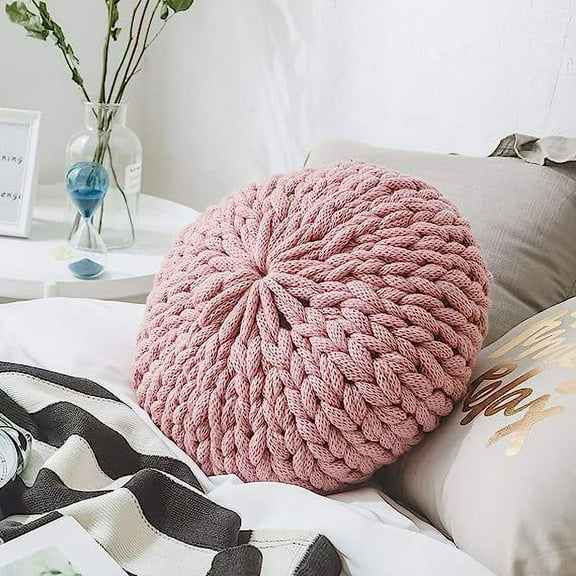 Namzi Chunky Knit Round Shaped Throw Pillows with Insert Super Soft Cozy Decorative Handmade Cushions (Pink, Diameter 16")