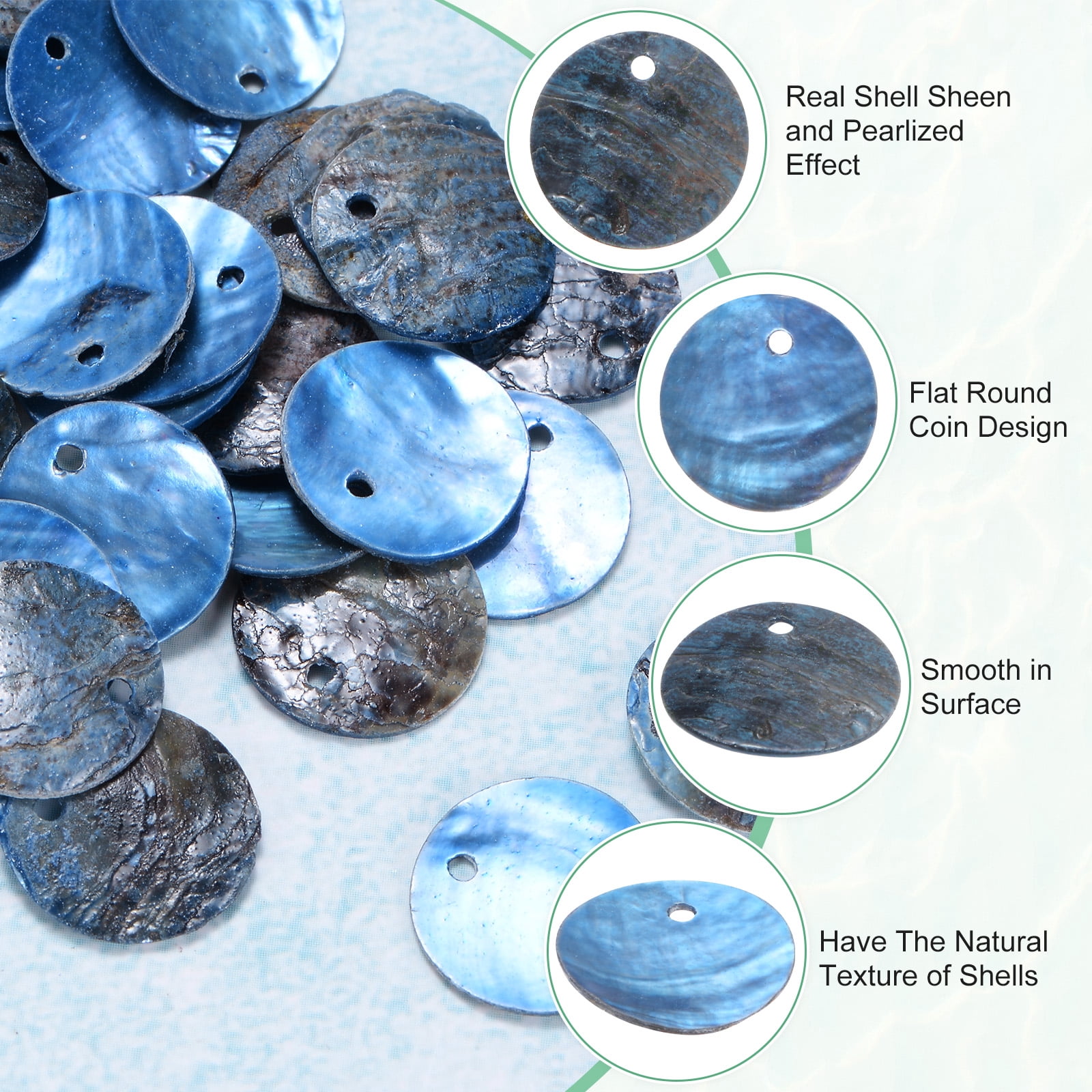 Uxcell 300-Pack Natural Flat Round Seashells, 15mm Flat Round Coin Charm Beads with Hole, Mother of Pearl Shell for Jewelry [Blue]