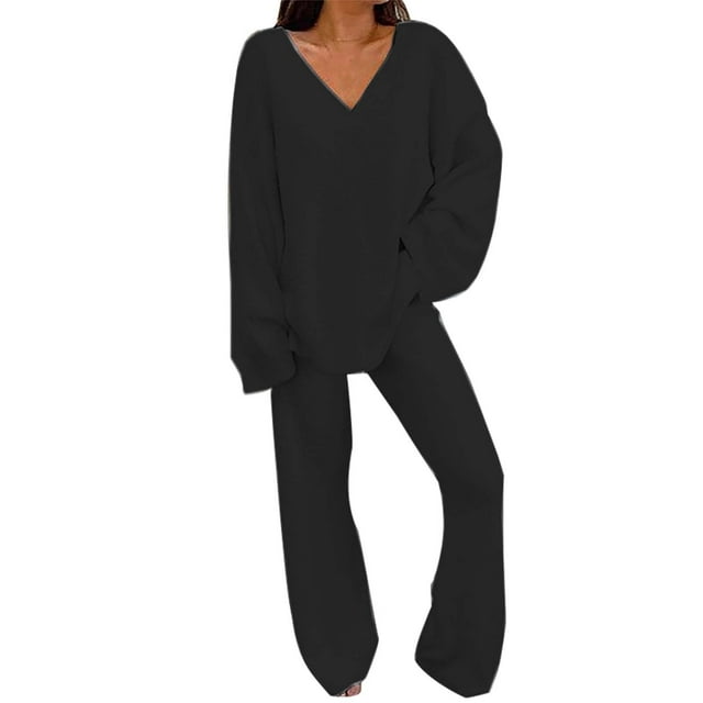 Ensembles Duveteux pour Femmes, Tenue 2 Pcs, Haut à Manches Longues, Pantalon à Jambes Larges, Ensembles de Pyjama