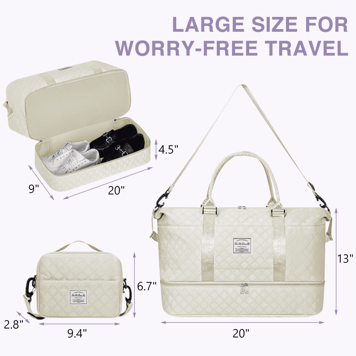 Weekender Bags for Women, Travel Duffel Bags with Shoe Compartment, Personal Item Travel Bag Weekender Overnight Bag Set Hospital Bags with Wet Pocket and Toiletry Bag for Labor and Delivery - White