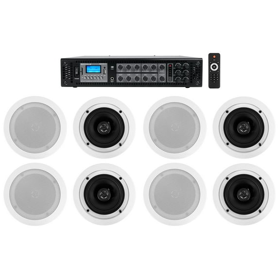 Rockville Commercial Amp (8) 5.25" 2-Way White Ceiling Speakers 4 Hotel/Office