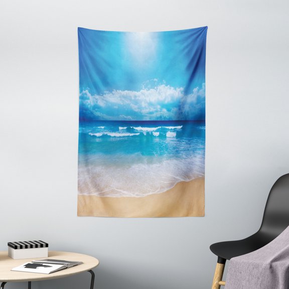 Beach Tapestry, Seascape Theme Landscape of the Beach and the Cloudy Sky in Summer Digital Print, Wall Hanging for Bedroom Living Room Dorm Decor, 40W X 60L Inches, Sand Brown Blue, by Ambesonne