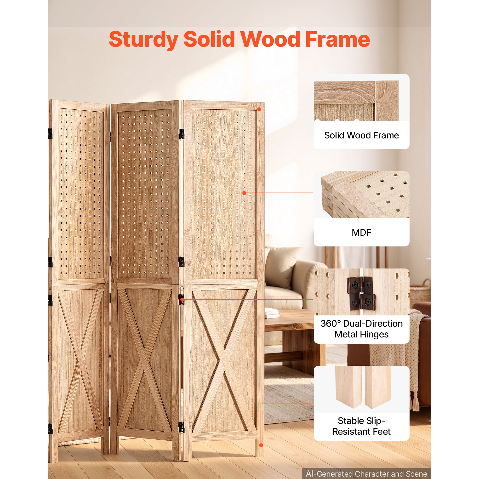 KFFKFF Wood Room Divider with 4 Panels, 59.8" Pegboard Folding Privacy Screen for Home Decor and Room Separation, Solid Frame with X Design, 360° Two-Way Hinges, Rustic Wooden Partition with Hardware
