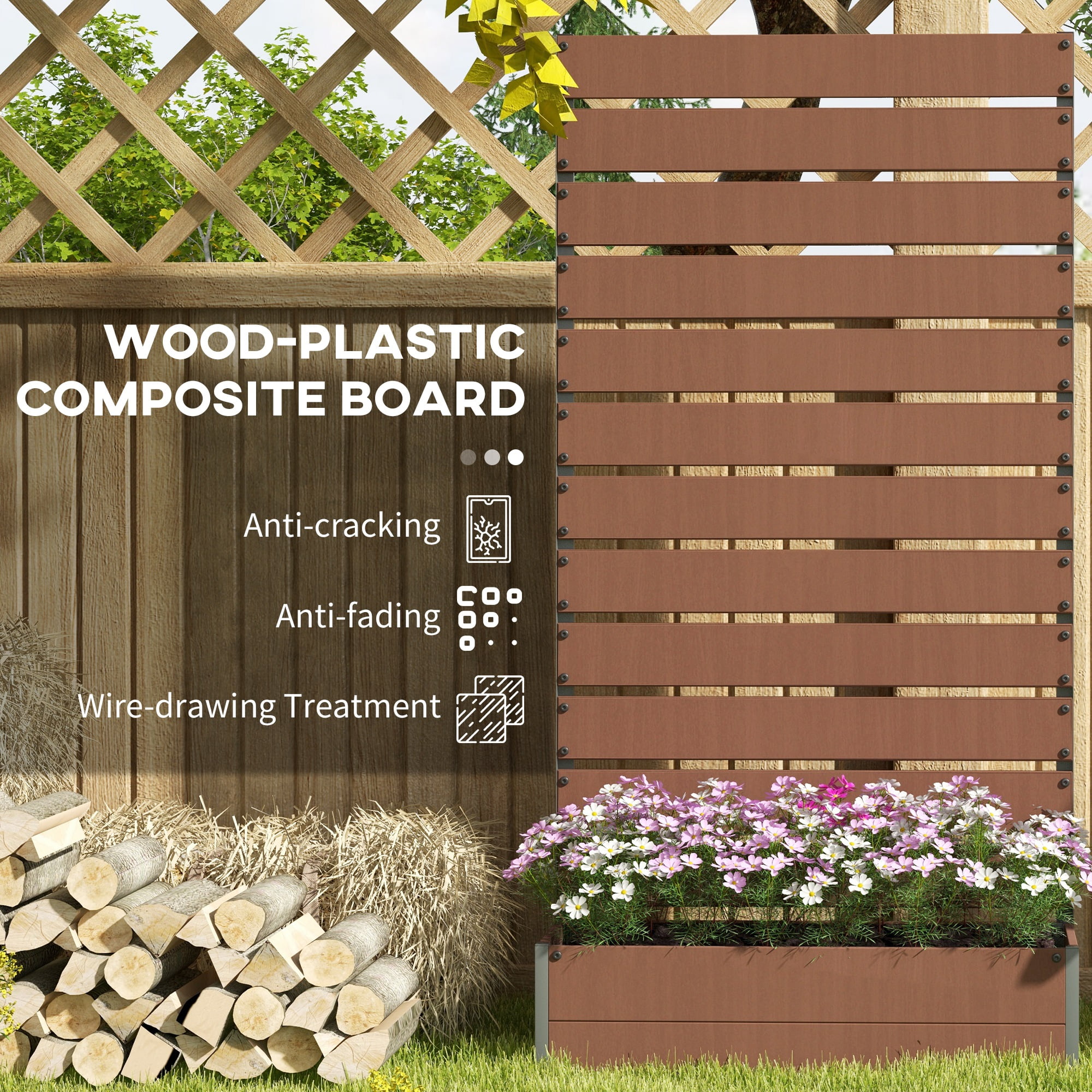Raised Garden Bed with Trellis for Climbing Plants, Planter Box with Self Draining Gap, Freestanding Trellis Planter for Outdoor, Patio, Deck, 35.75" x 15" x 70.75", Light Brown