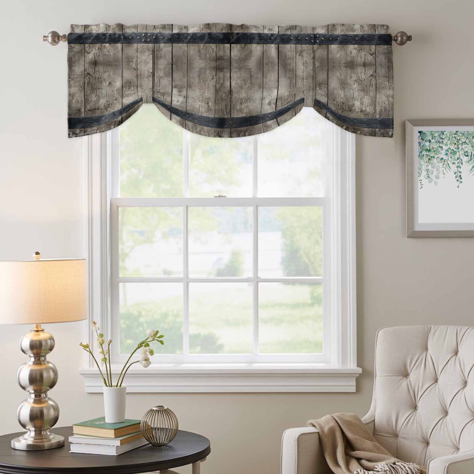 Country Barn Door Tie Up Valances Curtain, Adjustable Kitchen Distressed Retro Brown Wood Grain Rivet Valances for Windows Decor, Rod Pocket Short Curtains Set for Bedroom/Bathroom, 54"x18"
