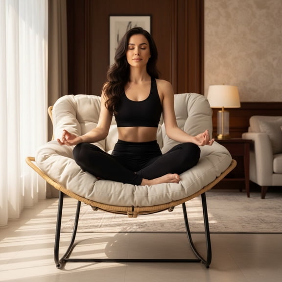 Outdoor Egg Rocking Chair, Indoor Papasan Rocking Chair with Thick Cushion, Modern Lounge Rocker for Balcony, Living Room, Bedroom, Porch, Lawn, Garden (Ivory)