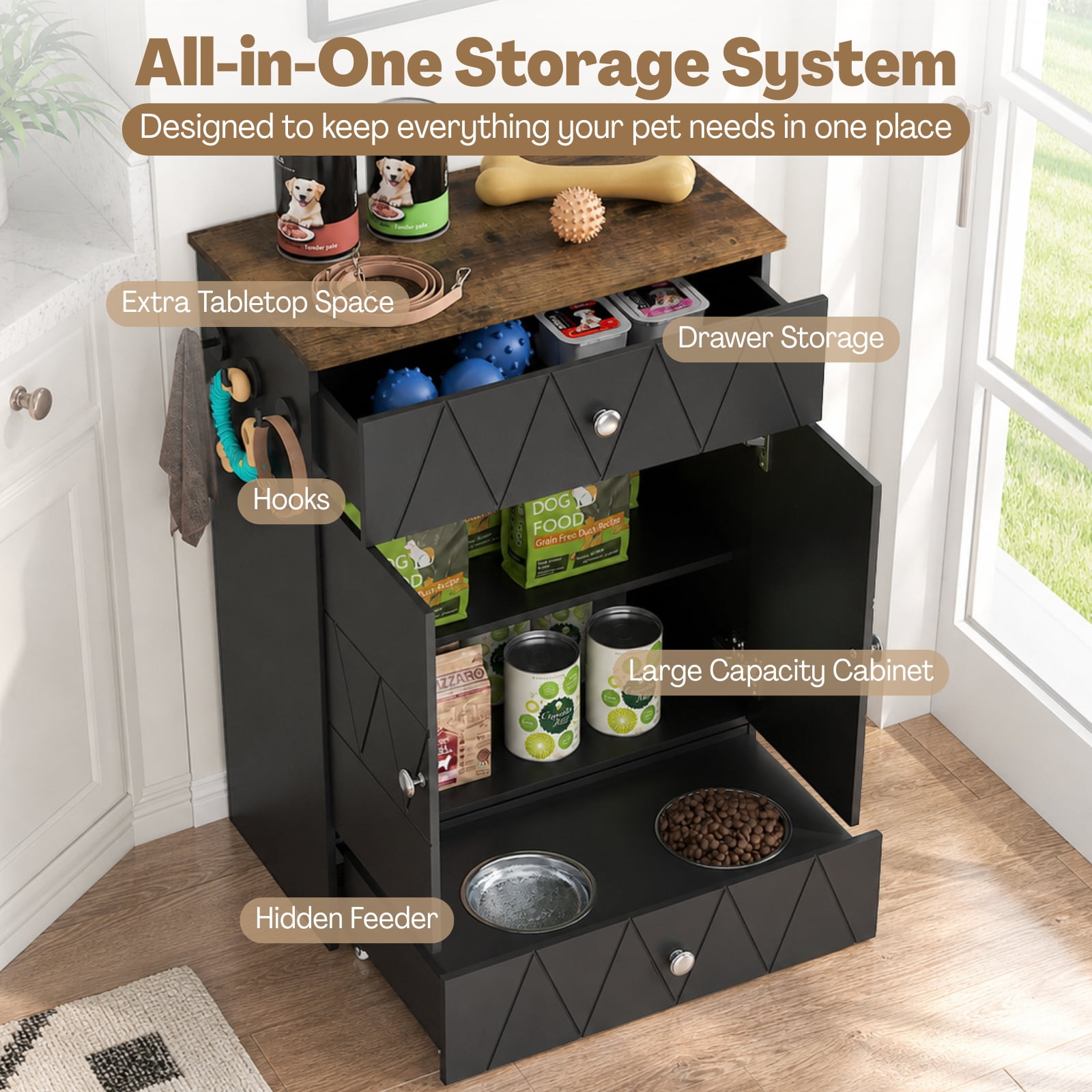 Advwin Pet Feeding Station Furniture with 2 Elevated Dog Bowls, Dog Food Storage Cabinet with Drawer, Adjustable Shelves & Hooks, Black