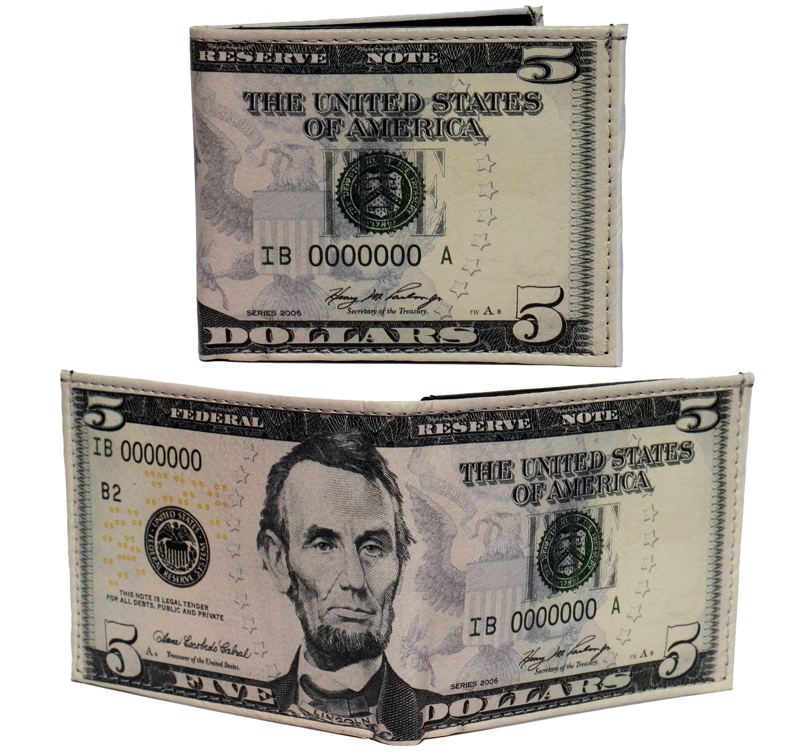 $5 Five Dollar Bill Lincoln Photorealistic Leather Bi-Fold Bifold ...