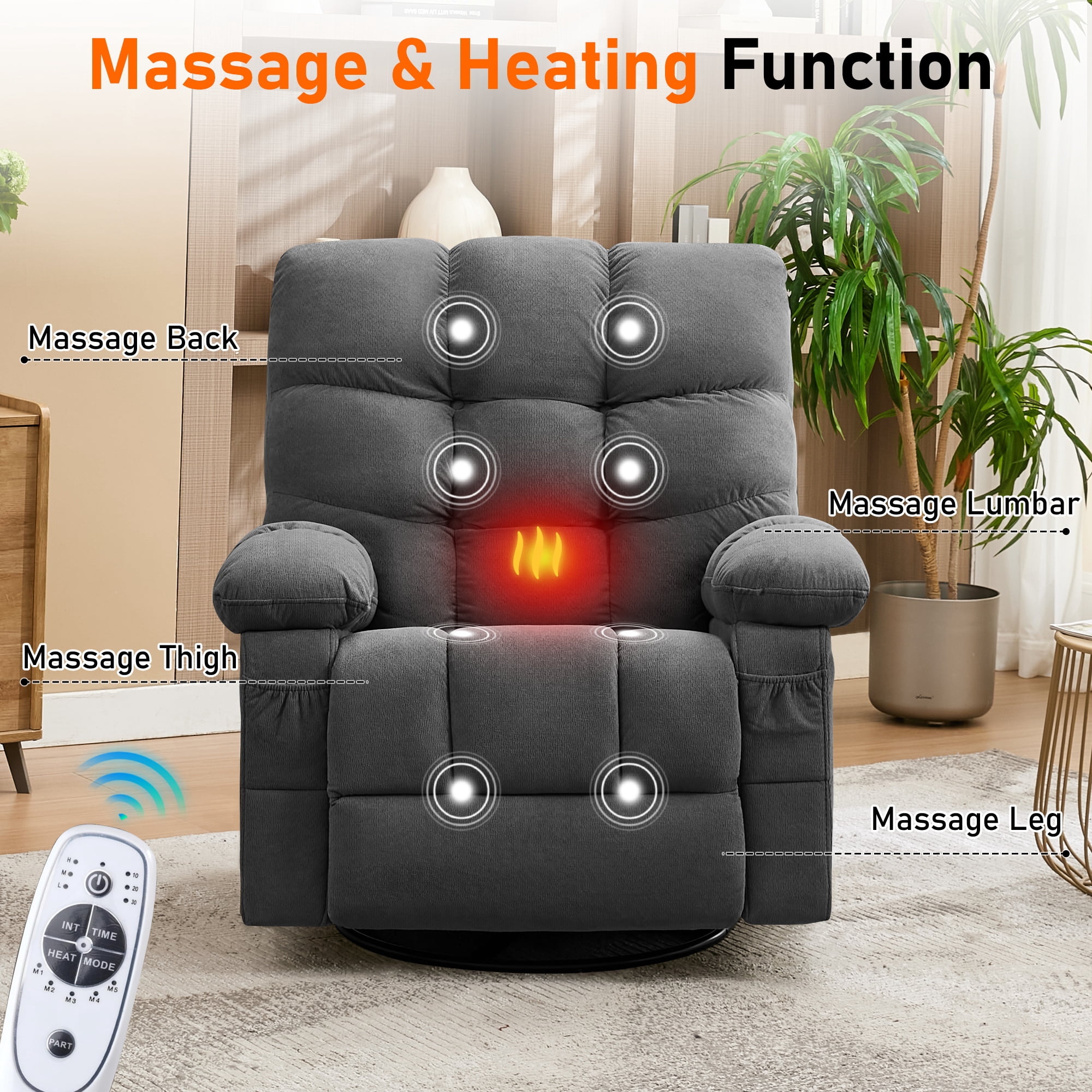 Alvantor Swivel Rocker Recliner Chair with Massage & Heat Single Rocker Sofa with Cup Holders for Bedroom Home Theater Gray
