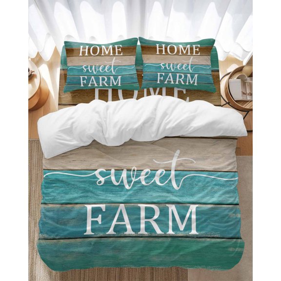 Vintage Teal Bedding Duvet Cover Set King Size 4 Pieces Brown Wood Grain Country Home Sweet Farm Bedding Set with Zipper Closure, 1 Comforter Cover 92x106 Inches 1 Flat Sheet & 2 Pillow Cases
