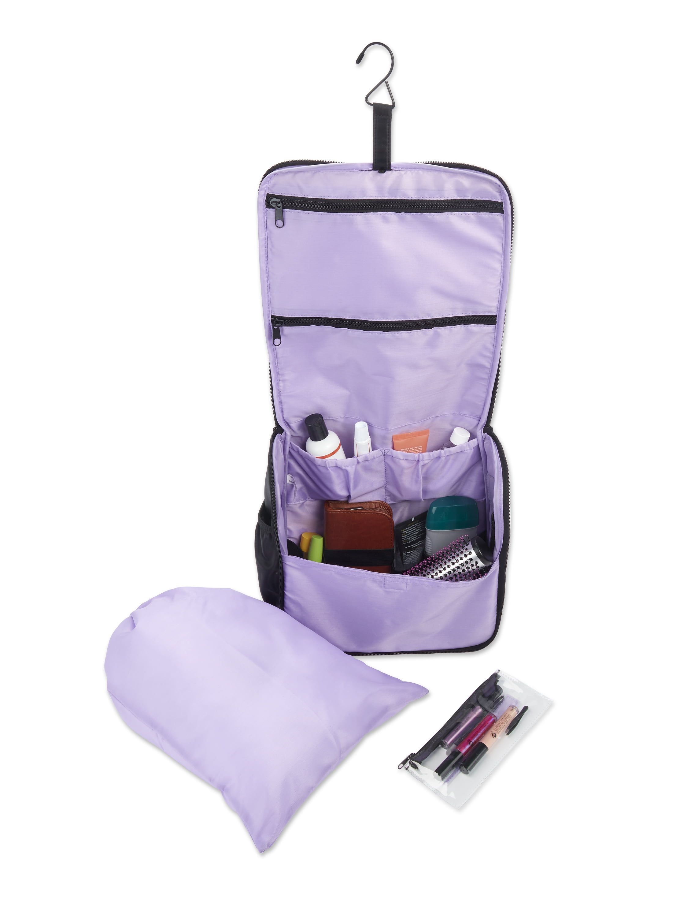 Modern Sport Hanging Toiletry Bag with Zipper, Drawstring Bag, and Clear Pouch, Black & Lavendar (3pc)