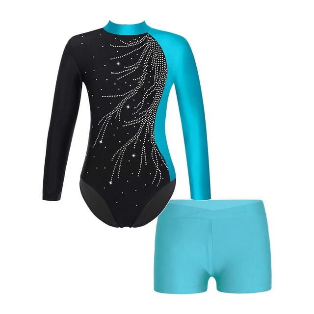 TiaoBug Girls 2Pcs Rhinestone Tracksuit Long Sleeve Gymnastics Dance Outfit Leotard with Shorts Unitard A03 8