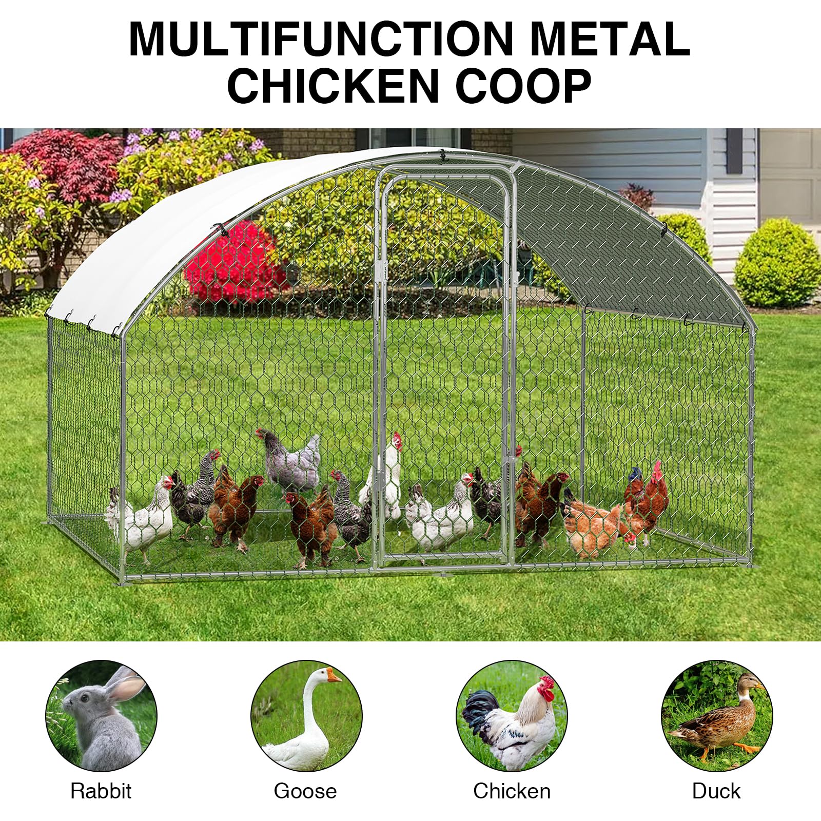 Outdoor Chicken Run, 9.8 x 6.5 x 6.5 Ft/9.8 x 13.1 x 6.6 Ft/ 9.8 x 19.7 x 6.6 Ft Dome Roof Walk in Chicken House Large Metal Chicken Coop Poultry Cage for Hen, Duck and Rabbit