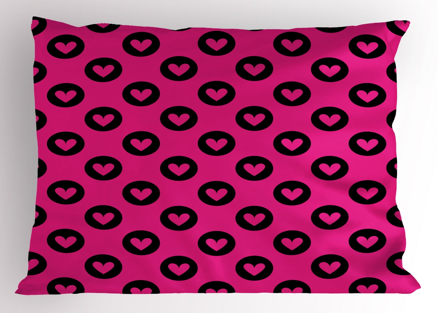 Hot Pink Pillow Sham Cute Pink Hearts inside Big Black Spots Pattern in