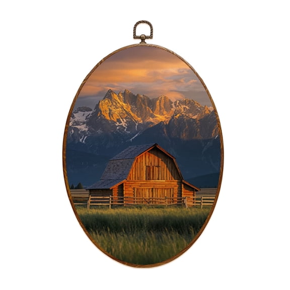 Canvas Wall Art Log Cabin Nature Wilderness Landscape Painting Rustic Wooden Barn Snow Oval Framed Canvas Prints Hunting Theme Wall Hanging Decor for Cabin Lodge 8.6"x11.4"