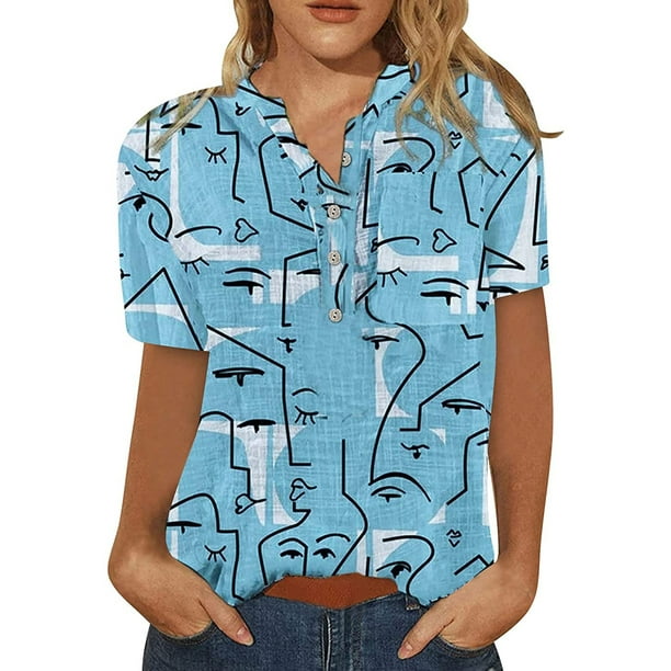 VISgogo Blusa Femenina, Patrones Estampados Camisa de Manga Corta Tops Casuales con Botones para Primavera Verano, S/M/L/XL/XXL VISgogo moda