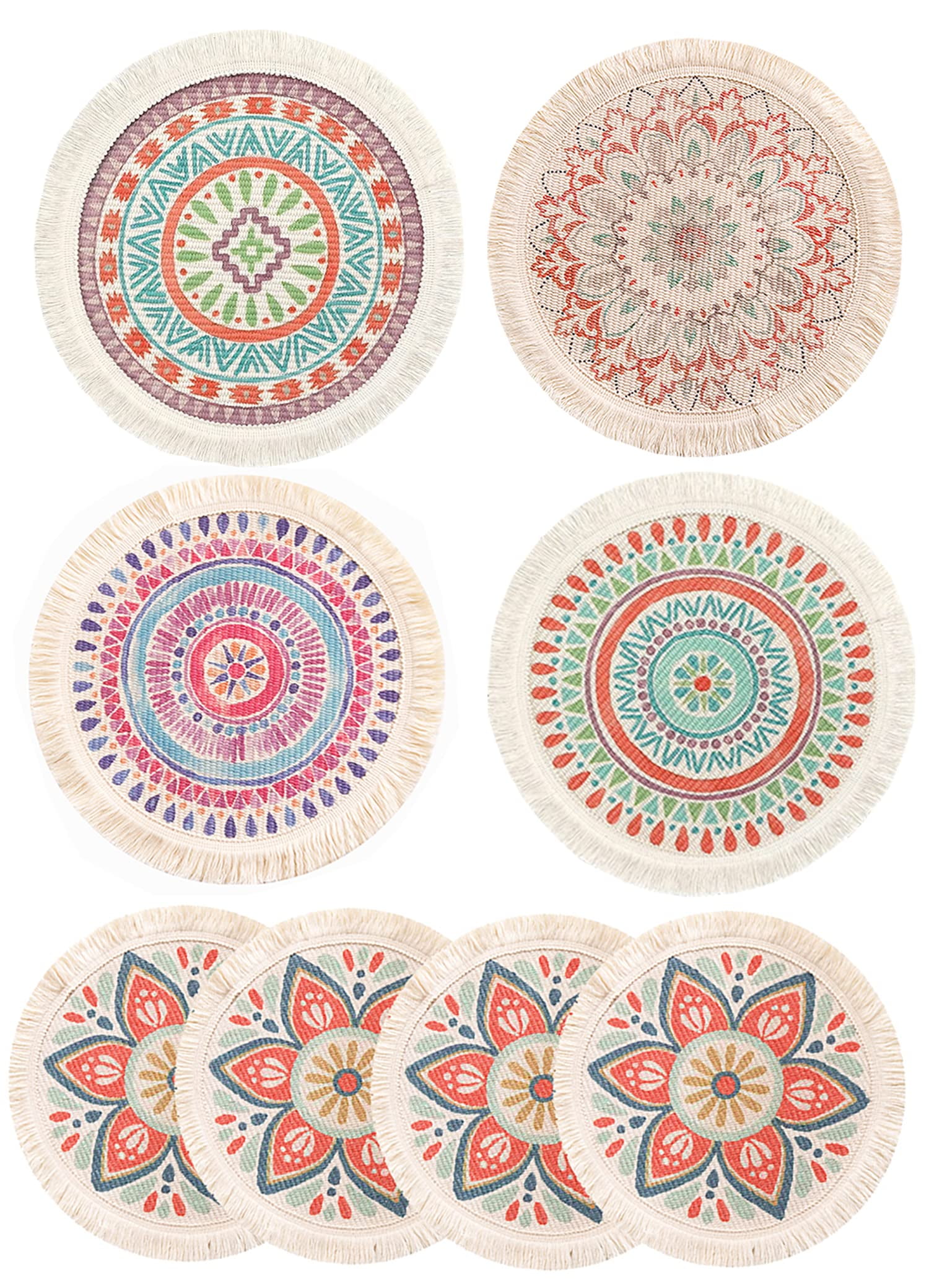 Fennco Styles Tropical Red Flower Woven Fringe Cotton Placemats 13" Round, Set of 4 - Multicolored Boho Heat Resistant Insulation Table Mats for Home, Kitchen Décor, Dining Table, Banquets, Holidays
