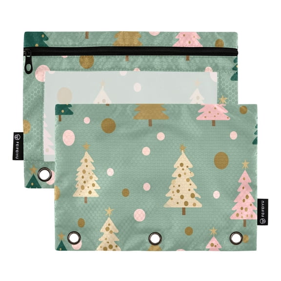 Cute Christmas Trees with Dots Binder Pouches Zipper Pocket Document Storage 3 Rings 2 Packs A5 Size