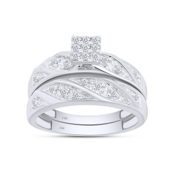 AFFY White Natural Diamond Cluster Engagement & Wedding Trio Band Ring Set In 10k White Gold (0.33 Cttw)