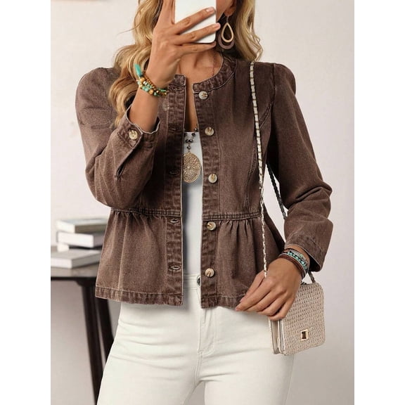 Womens Coffee Brown Western Style Denim Jacket With Puff Sleeves