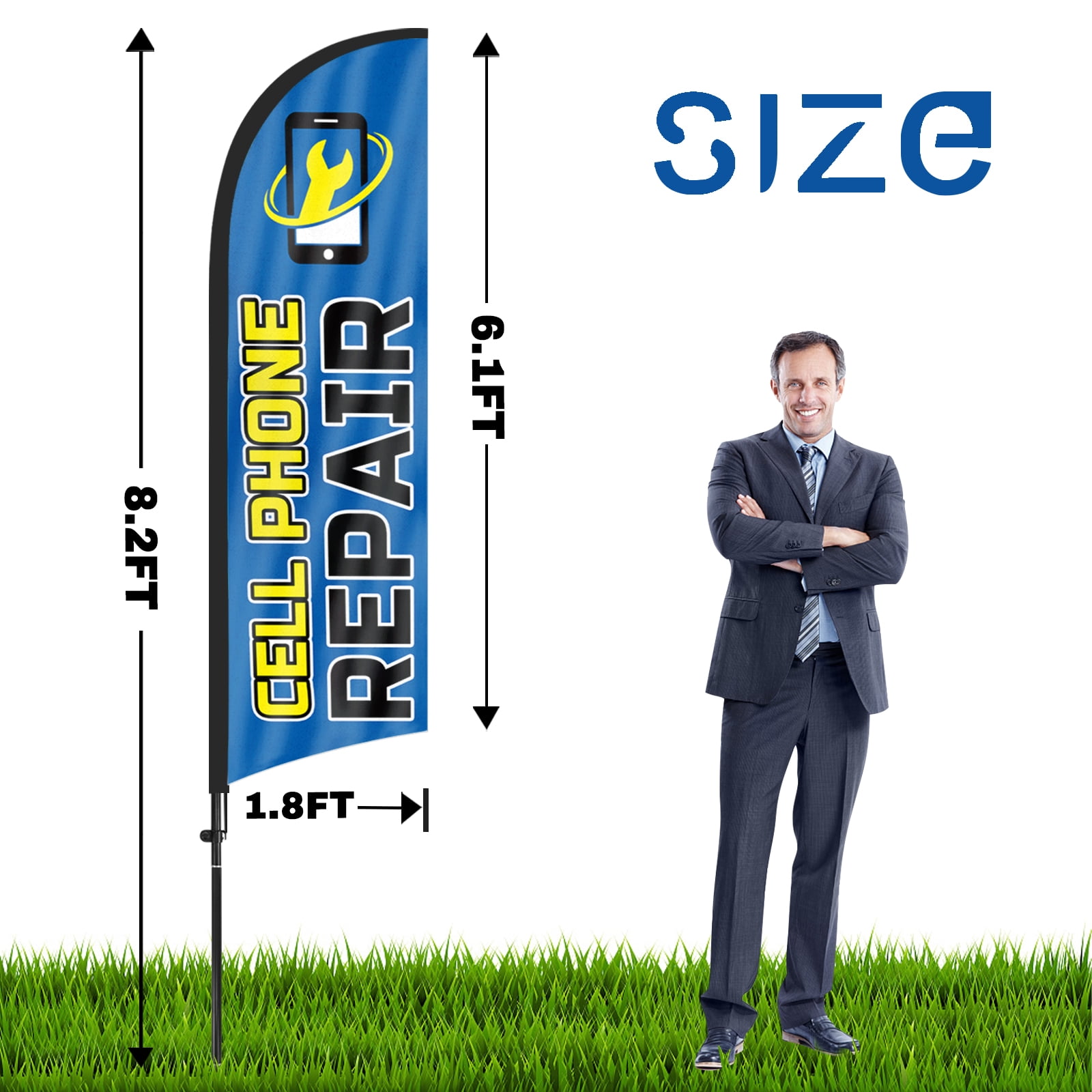 QSUM Cell Phone Repair Feather Flag with Flag Pole Kit and Ground Spike, 8.2FT Cell Phone Repair Windless Flag Banner Sign Business for Outdoor Advertising Sign Decoration Display