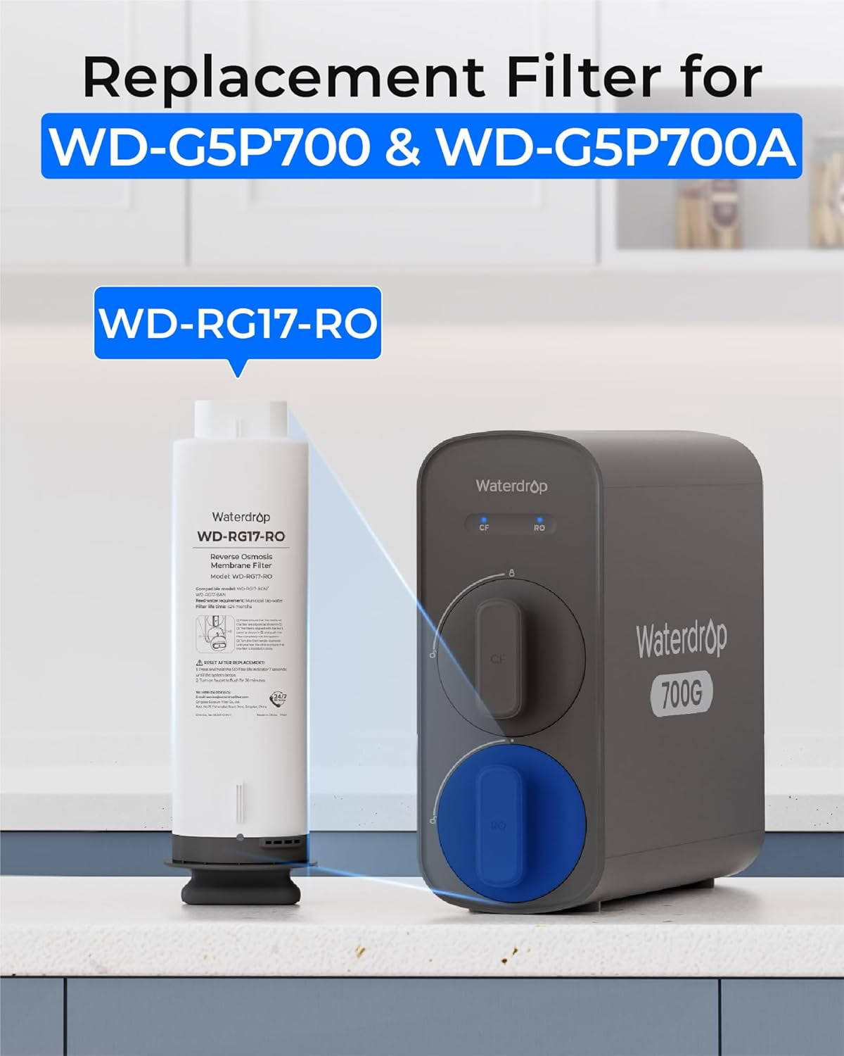 Waterdrop WD-G5P700-RO Filter, Replacement for WD-G5P700 & WD-G5P700A Undersink Reverse Osmosis System, 24-month Lifetime