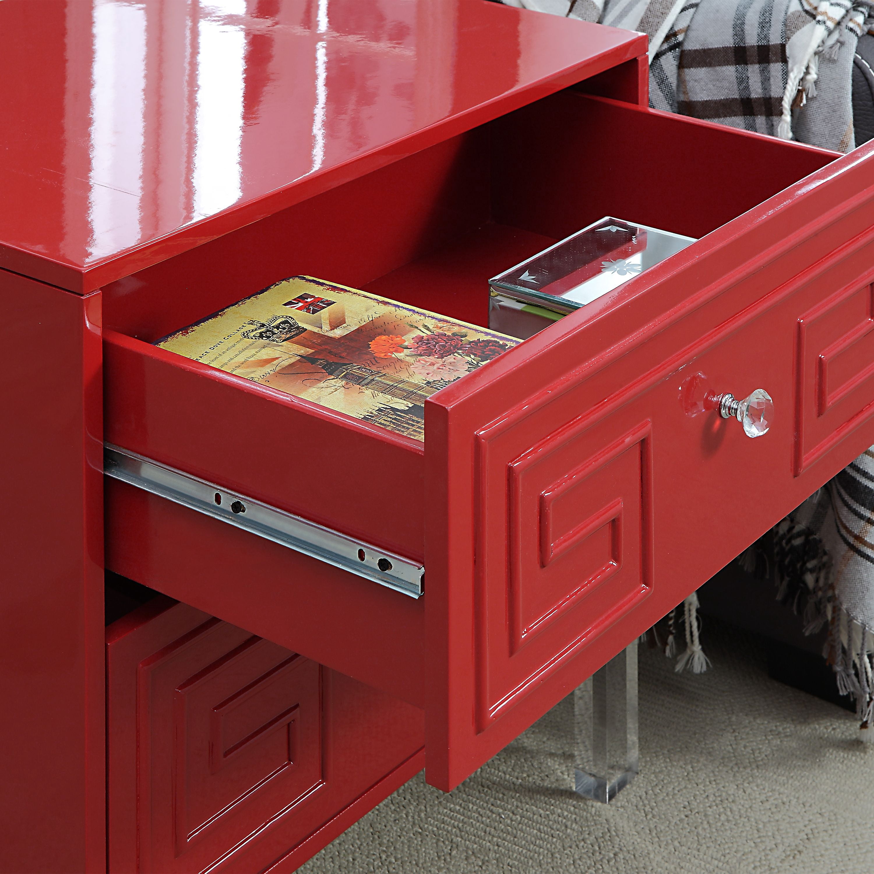 Furniture of America Lela 2-Drawer End Table, Glossy Red
