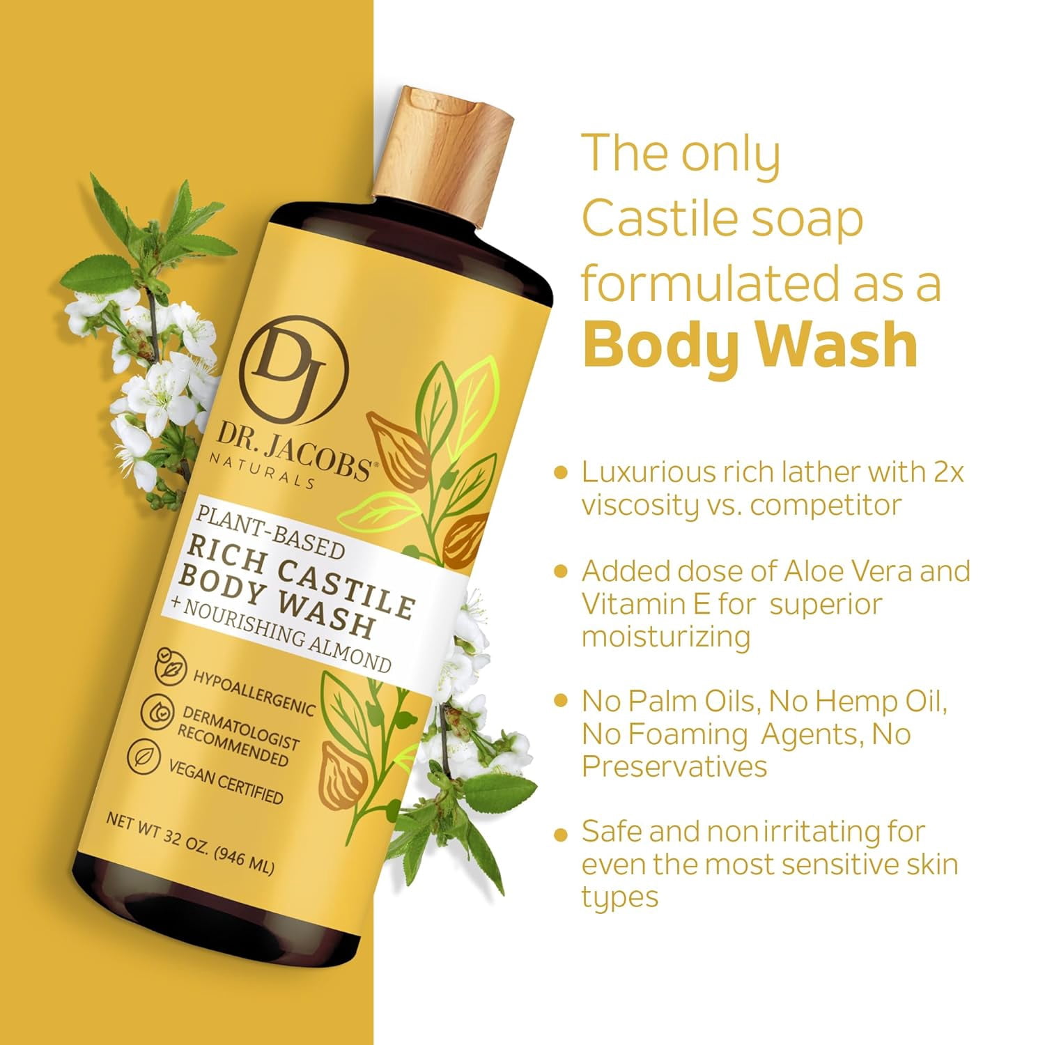 Dr Jacobs Naturals Castile Soap Body Wash Plant Based Liquid Soap, Almond 32 Oz 3-Pack