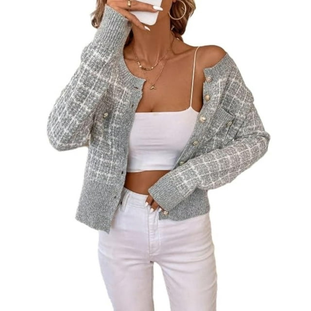 Womens - Blazer à Carreaux Habillé Décontracté Bouton devant Cardigan Col Rond Manches Longues Texture Tricot Vestes Gris P