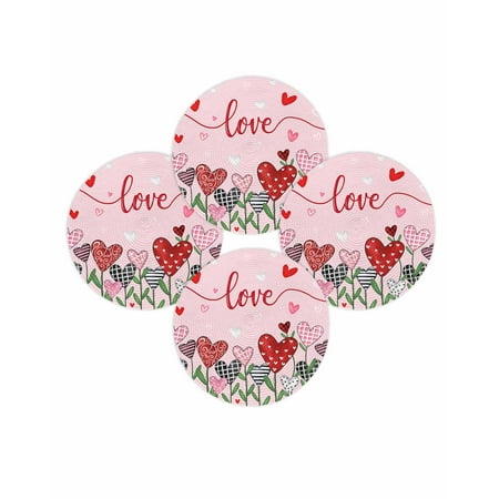Valentine s Day Round Placemats Set of 4 Love Heart Flower Place Mats Washable Woven Placemat Red Pink Love Green Leaves Circle Braided Table Mat for Kitchen Dining Table Wedding Party Decor 15 Inch