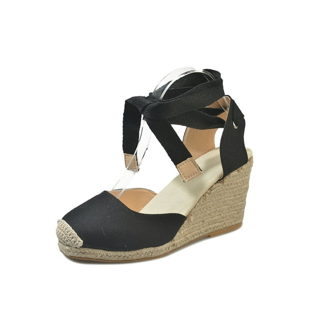 Woobling Sandales Espadrilles pour Femmes, Escarpins de Plage, Chaussures à Bout Fermé, Sandales Compensées, Plateforme Confortable, Décontractées pour Dames, Bride à la Cheville, Noir 4.5