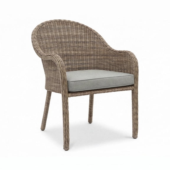 Martha Stewart Indoor-Outdoor Stackable Patio Dining Armchair in Weathered Gray Rattan Wicker with Gray All-Weather Seat Cushion