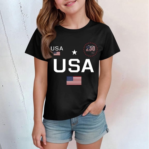 CCRFTGI American 4th of July Shirts for Children Girls Size 8 Short Sleeve Funny USA Flag Summer Freedom Tunic Blouses Patriotic Girls Clothes Tee Shirt Black 7-8 Years
