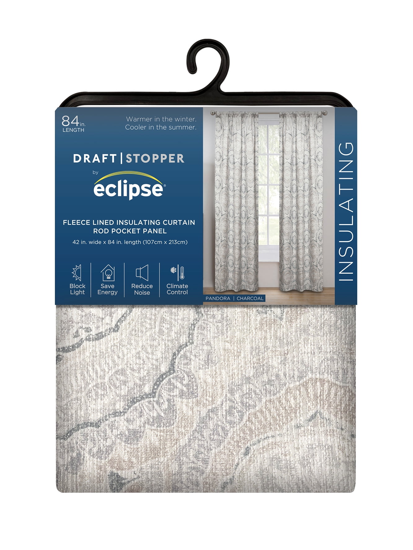 Eclipse Draft Stopper Room Darkening Fleece Lined Rod Pocket, Single Curtain Panel, Charcoal Medallion, 42" W x 84" L