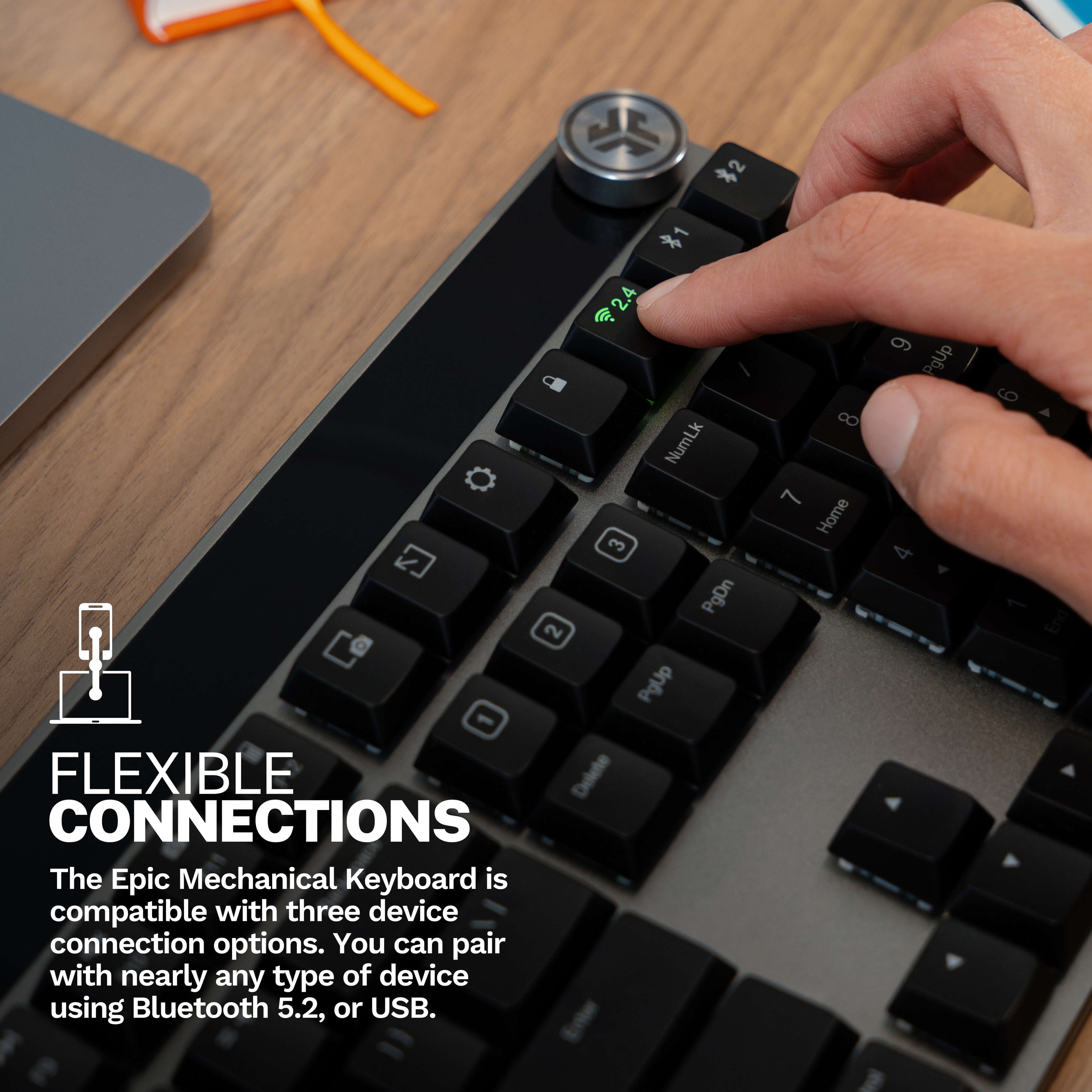 JLab Epic Mechanical Keyboard, Black, Full-Depth Illuminated Keys, USB-C/Bluetooth, Rechargeable, Windows/Mac/iOS