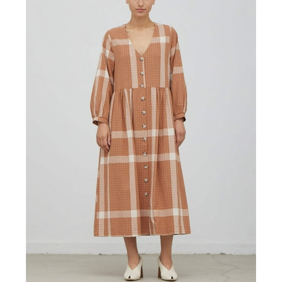 OVERFIT BUTTON DOWN PLAID MIDI DRESS