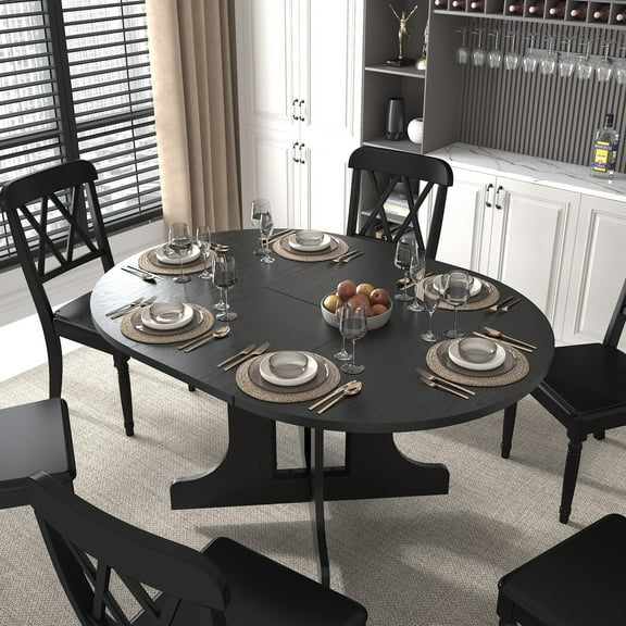 Dining Tables Dining Table for Farmhouse Kitchen 59x43 Inch Expandable Oval Table Top with Removable Leaf Trestle X Shaped Base Black,Modern Dining Tables