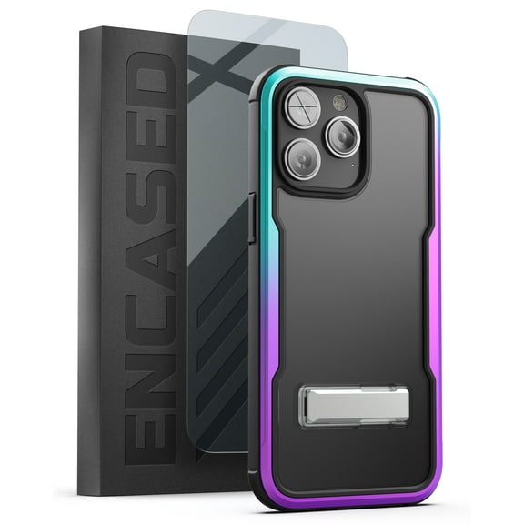 Encased Aluminum Armor Kickstand Case Designed for iPhone 14 Pro Max - with Metal Stand and Screen Protector (Retail Packaging) - Purple Gradient