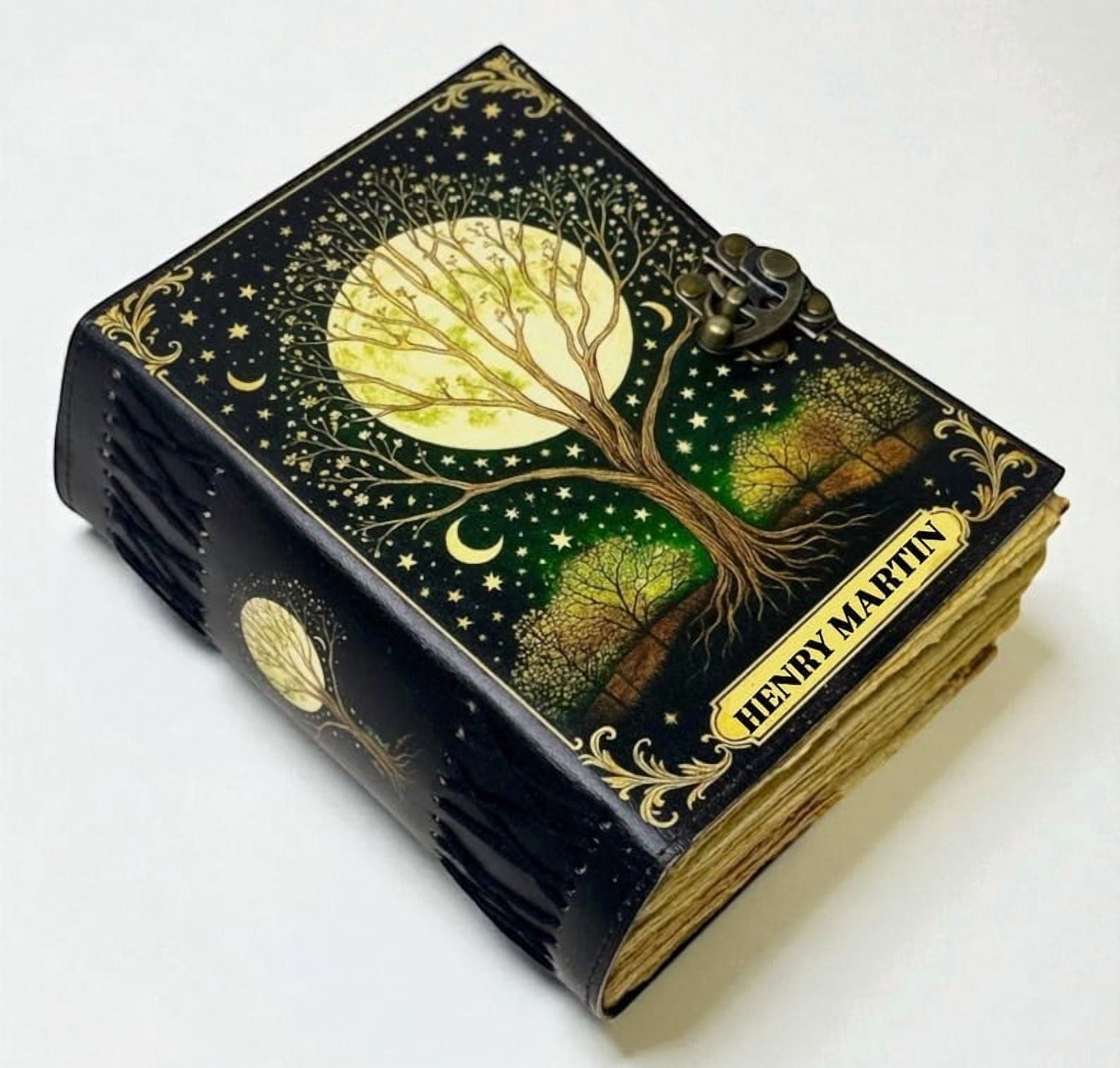 Personalized Moon Tree Leather Grimoire – Gothic Book of Shadows, 200 Pages Witchcraft Spellbook, Wiccan Pagan Magic Diary