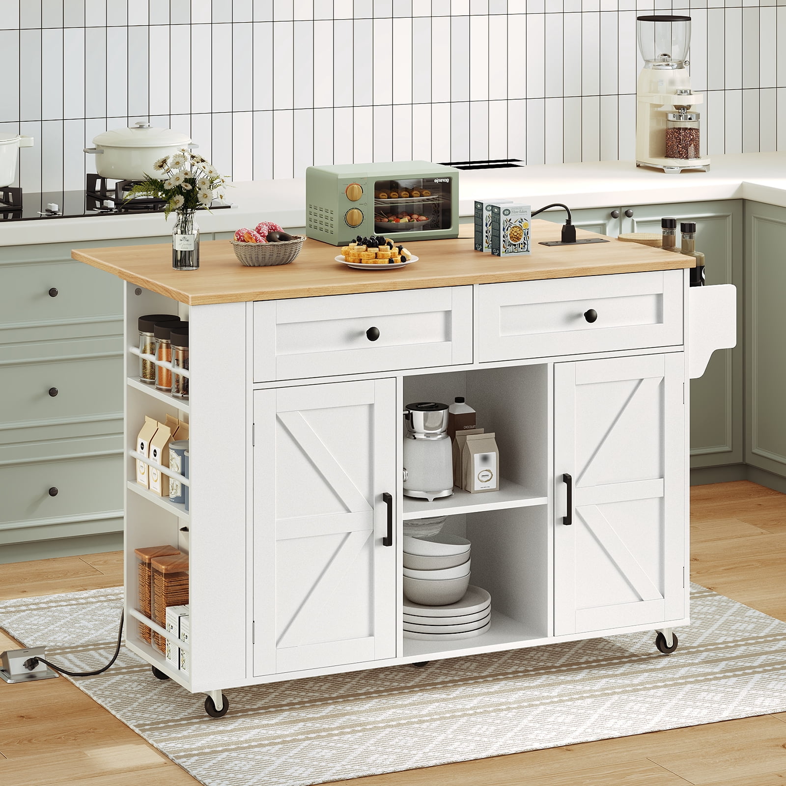 HOOBRO Rolling Kitchen Island with Drop Leaf Bar Countertop & Power Outlet, Farmhouse Island Cart with Storage, 47" Kitchen Island Cart with Side Spice Rack & 2 Drawers, White and Natural WN35UZD01